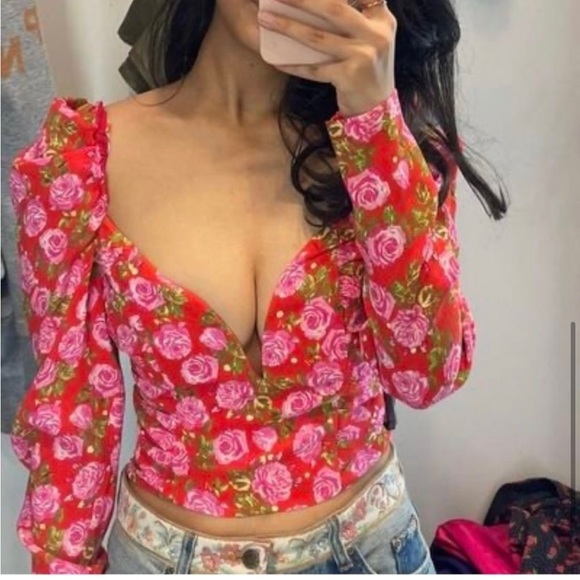 Zara Red and Pink Floral Print Long Puff Sleeve Crop Top Size M/S - Picture 5 of 8